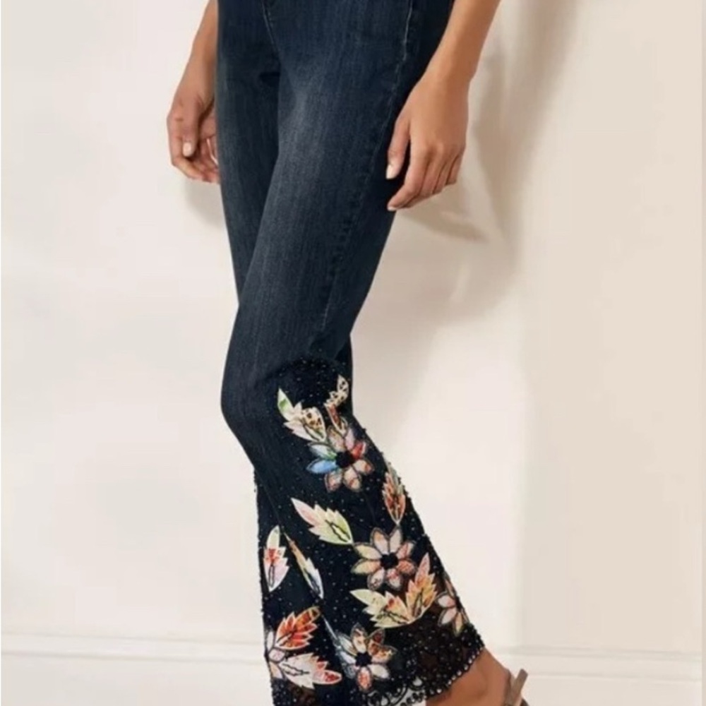 Soft Surroundings Dark Blue Floral Embroidered Flare Jeans